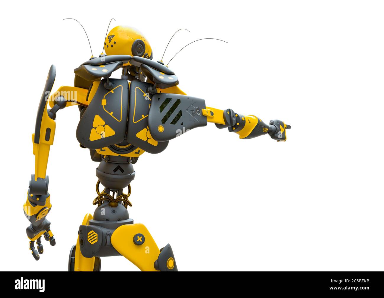 skull bot is pointing the way in a white background rear view, 3d ...