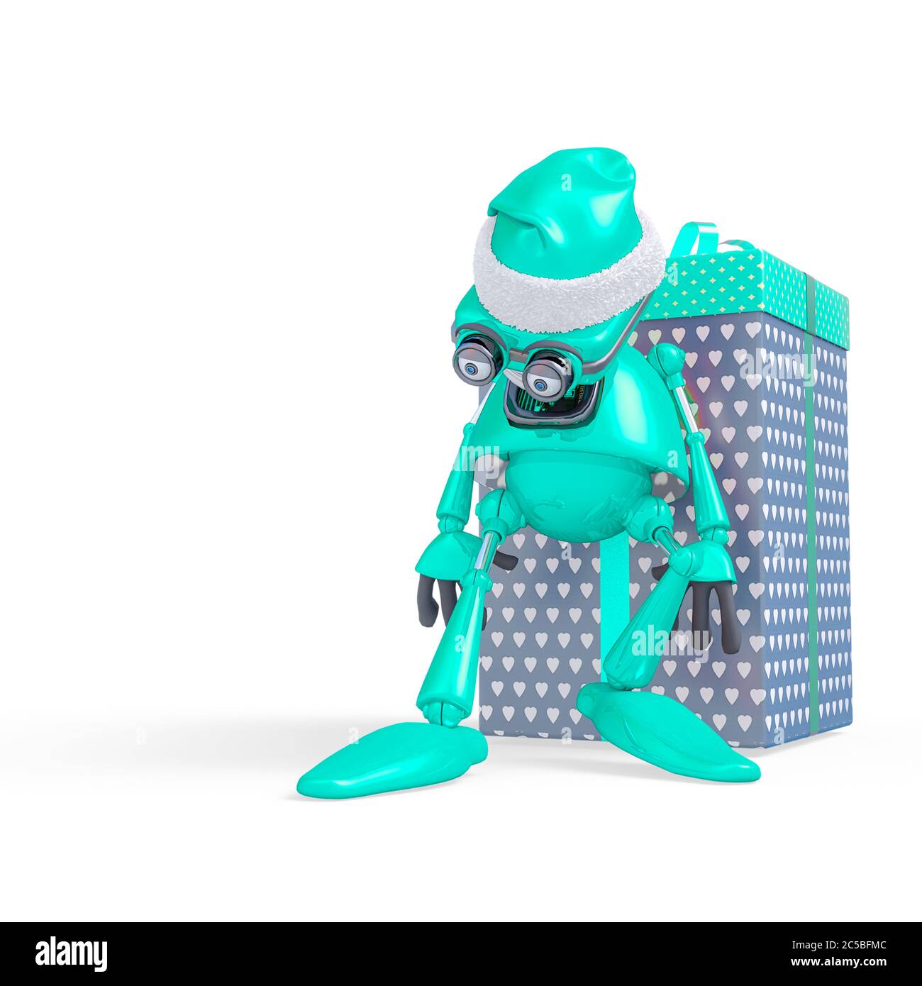 santa bot leaning on the gift box in white background front view, 3d ...