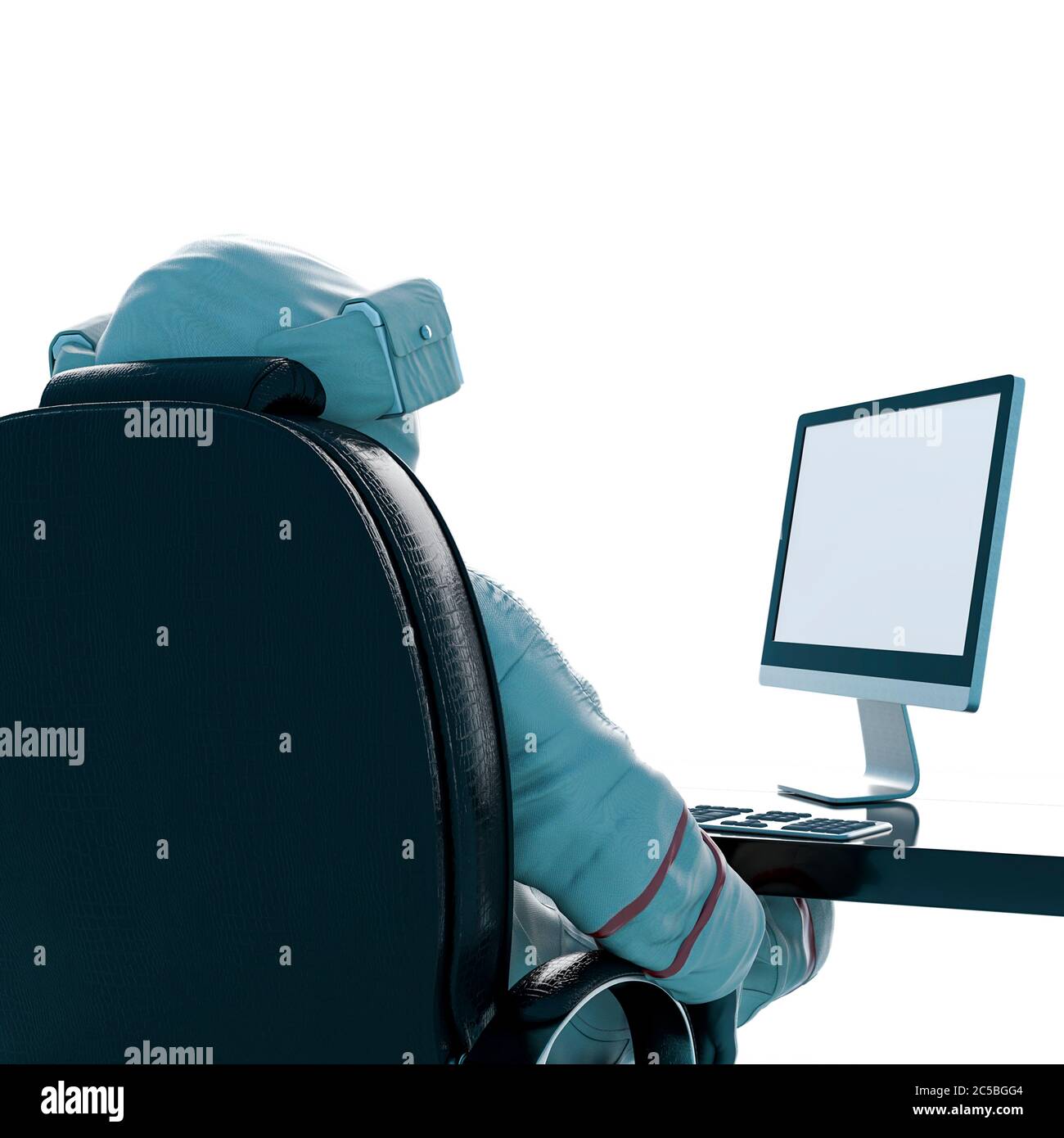 astronaut is doing his job from the home office like a boss rear view