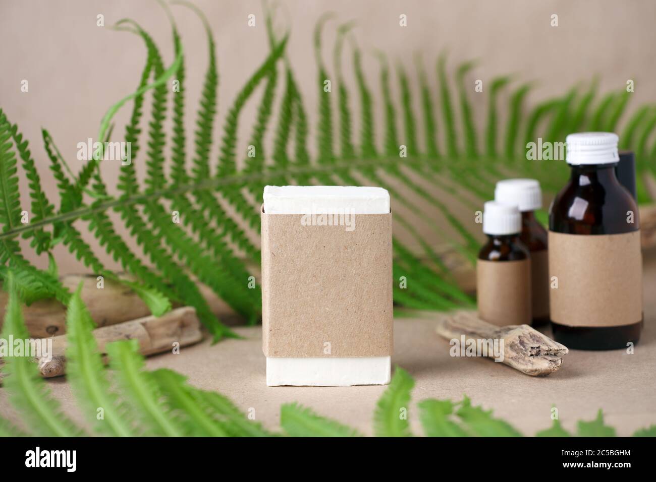 Blank amber glass essential oil bottles and craft soap bar with craft  package for branding mock up. Natural organic cosmetics, Alternative  medicine, h Stock Photo - Alamy
