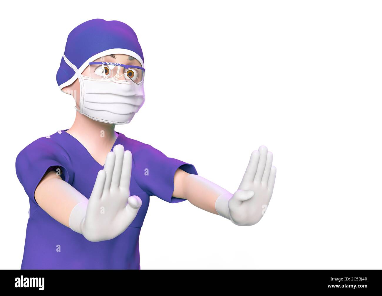 doctor cartoon saying stop there and stay in home in white background