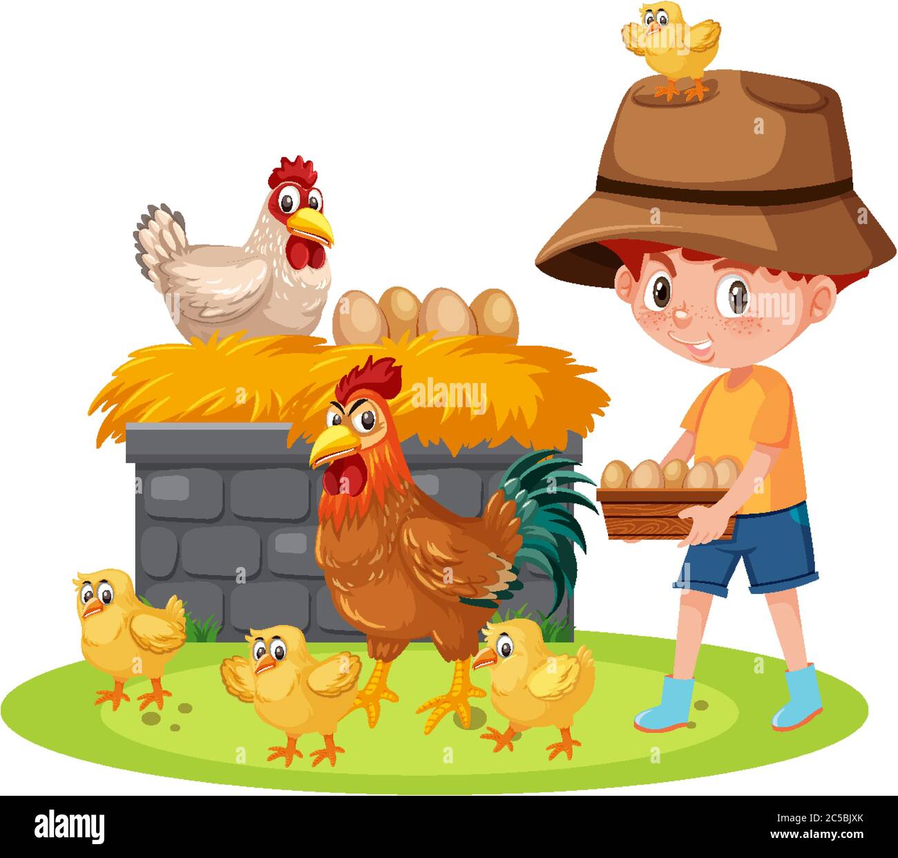 Scene with boy feeding chickens on the farm illustration Stock Vector ...