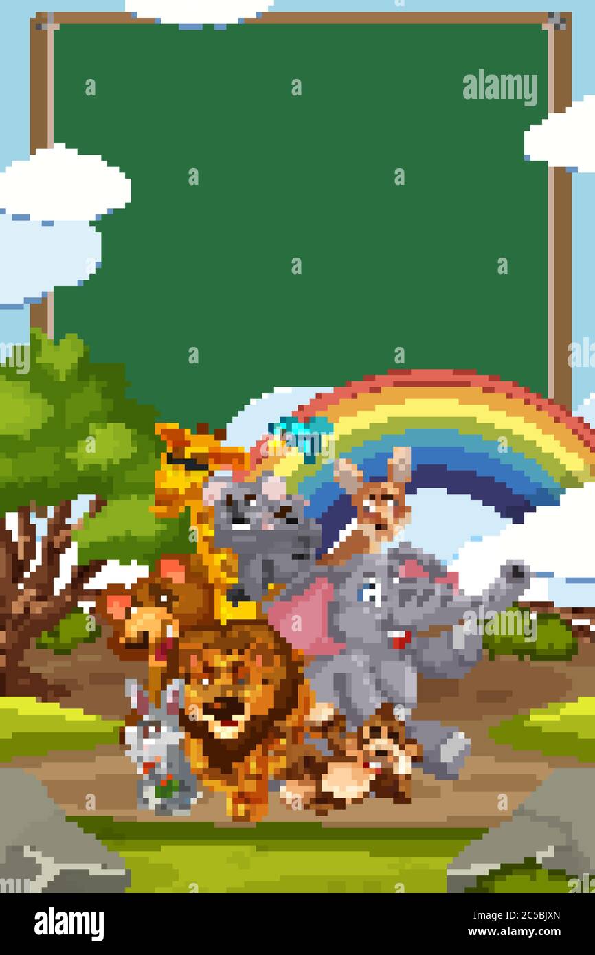 Border template design with many wild animals in background