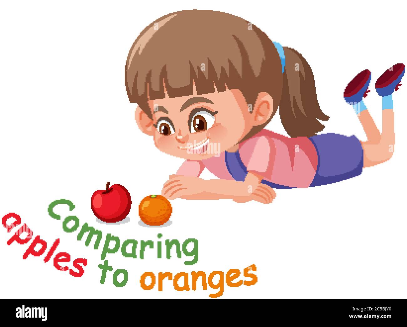 English idiom with picture description for comparing apples to oranges on white background