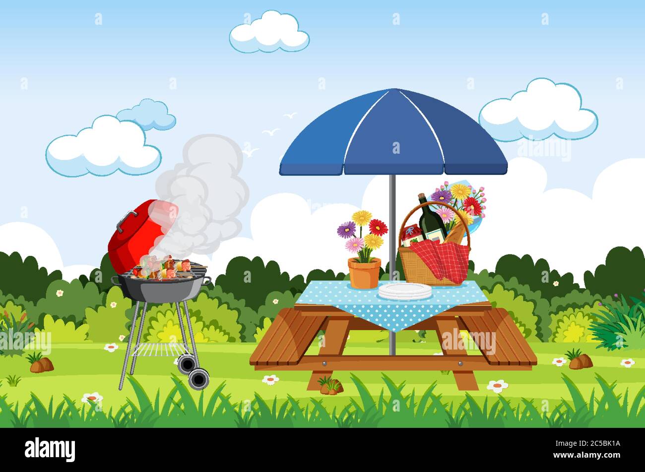 Scene with BBQ grill and food on the picnic table illustration Stock ...