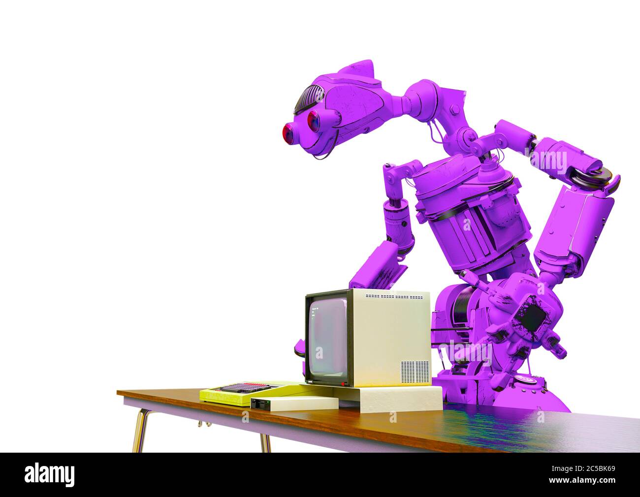 friendly robot with an old desktop computer in white background with ...