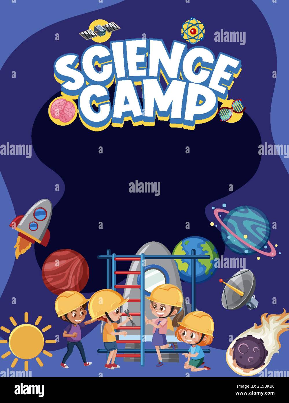 Science Camp Logo With Blank Banner And Kids Wearing Engineer Costume With Space Objects Illustration Stock Vector Image Art Alamy