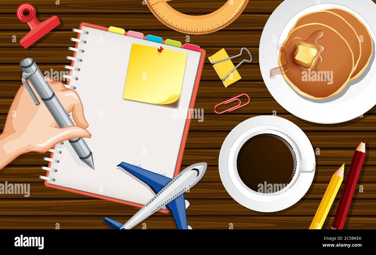 Close up hand writing on notebook with plane model and coffee cup on desk background illustration Stock Vector