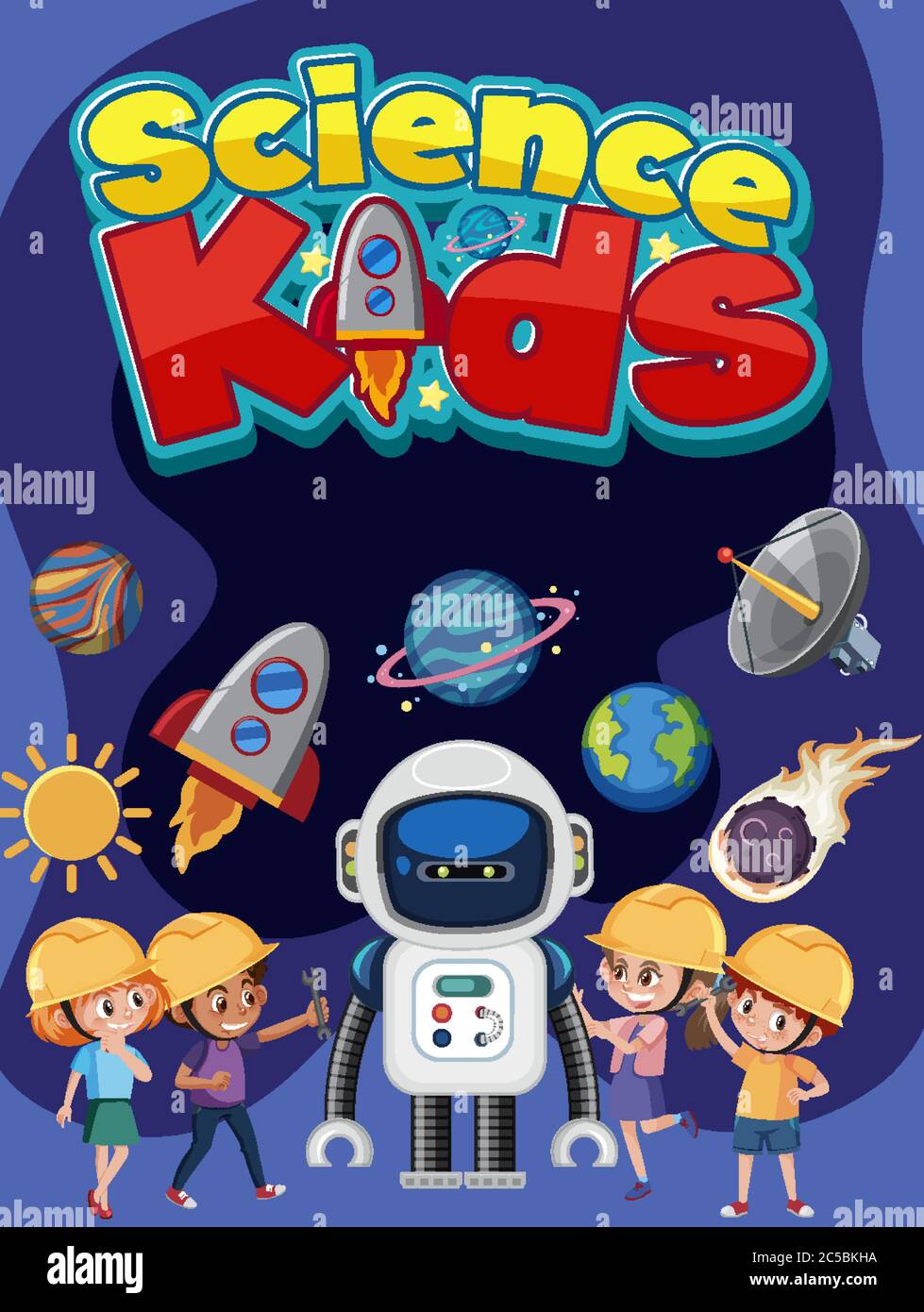 Science kids logo and kids wearing engineer costume with space objects ...