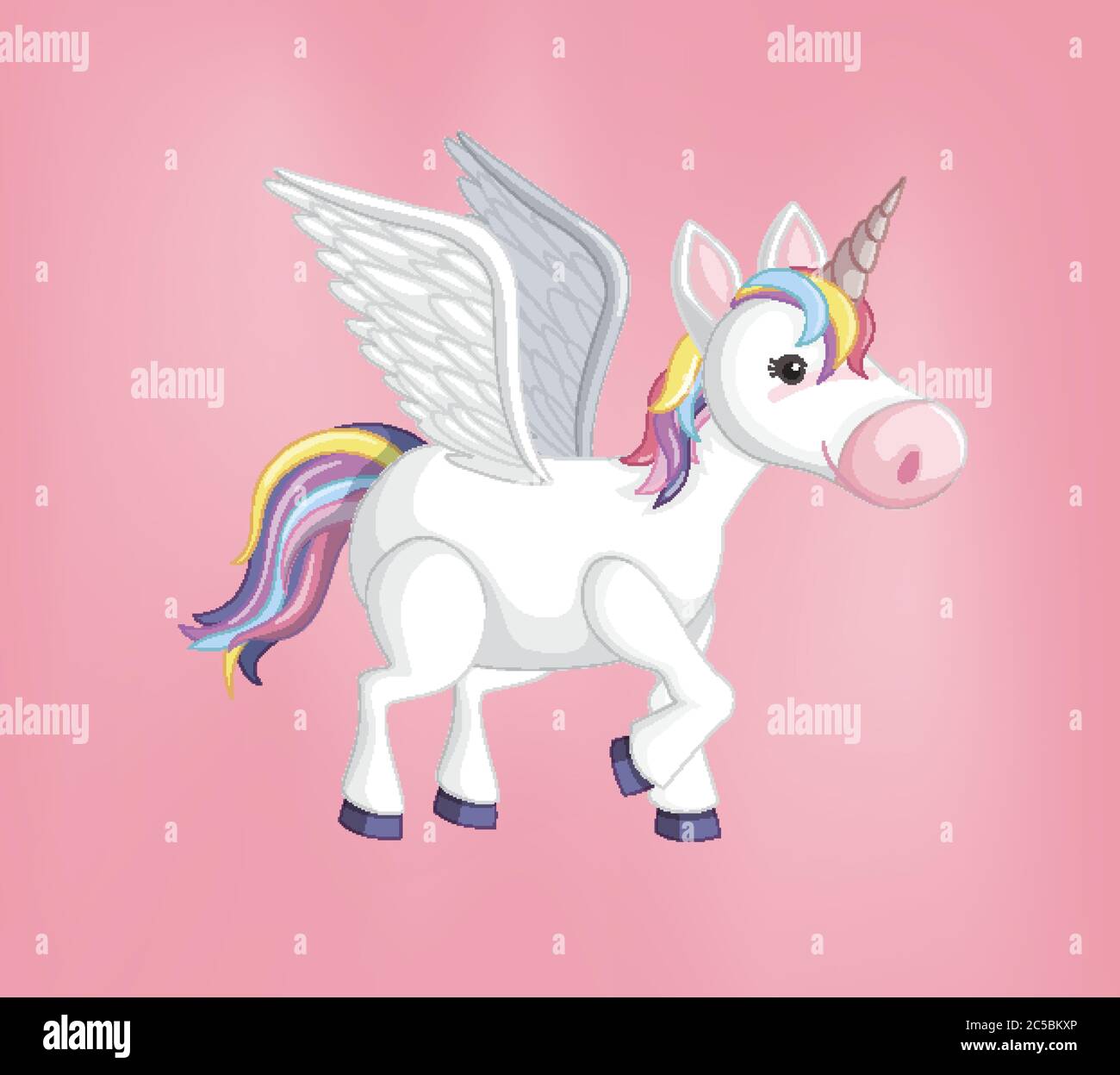 Unicorn or pegasus with rainbow mane and horn isolated on pink ...