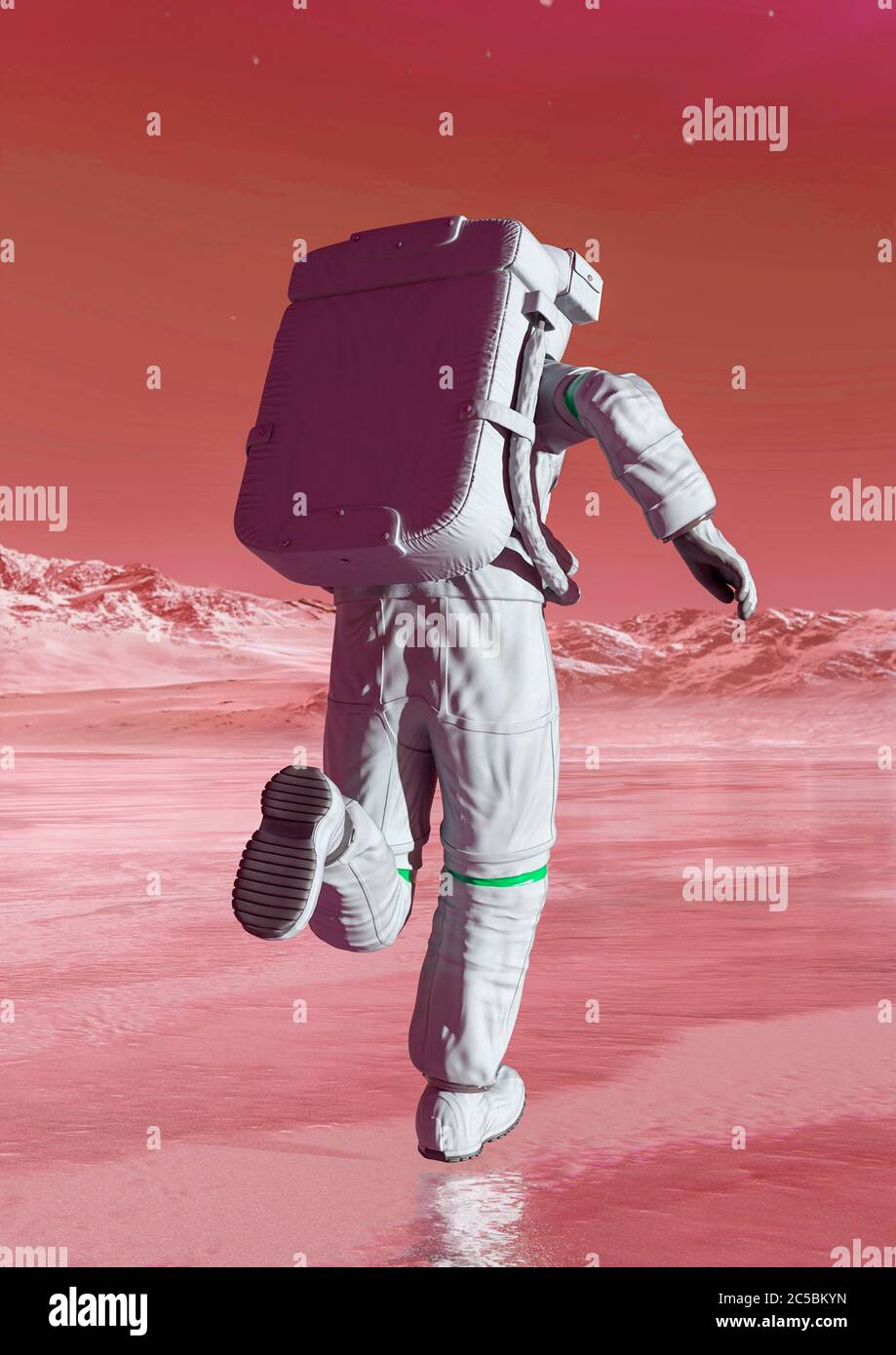 astronaut in another planet is running on the ice lake rear view, 3d ...