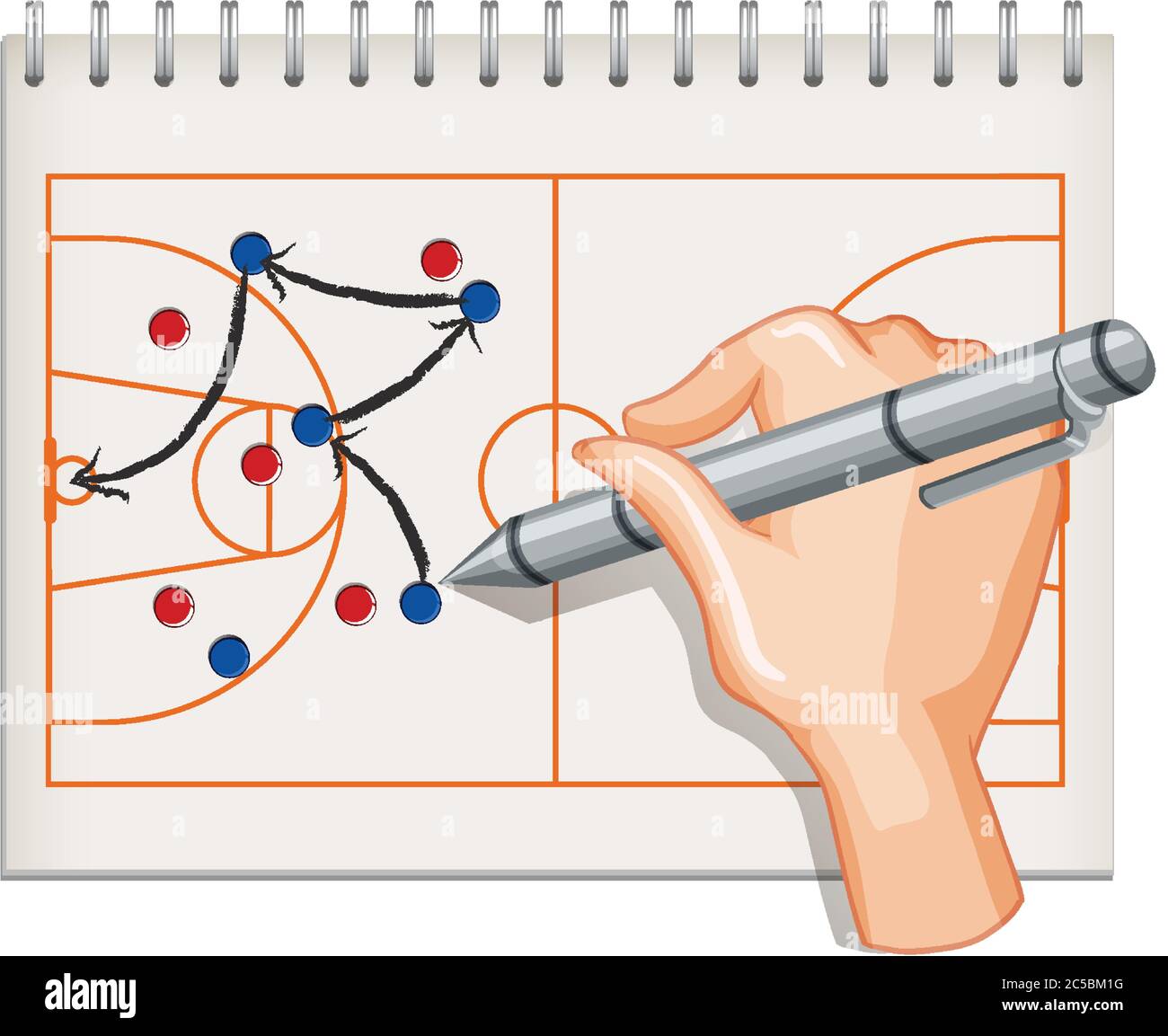 Close up hand drawing basketball plan on notebook on white background illustration Stock Vector