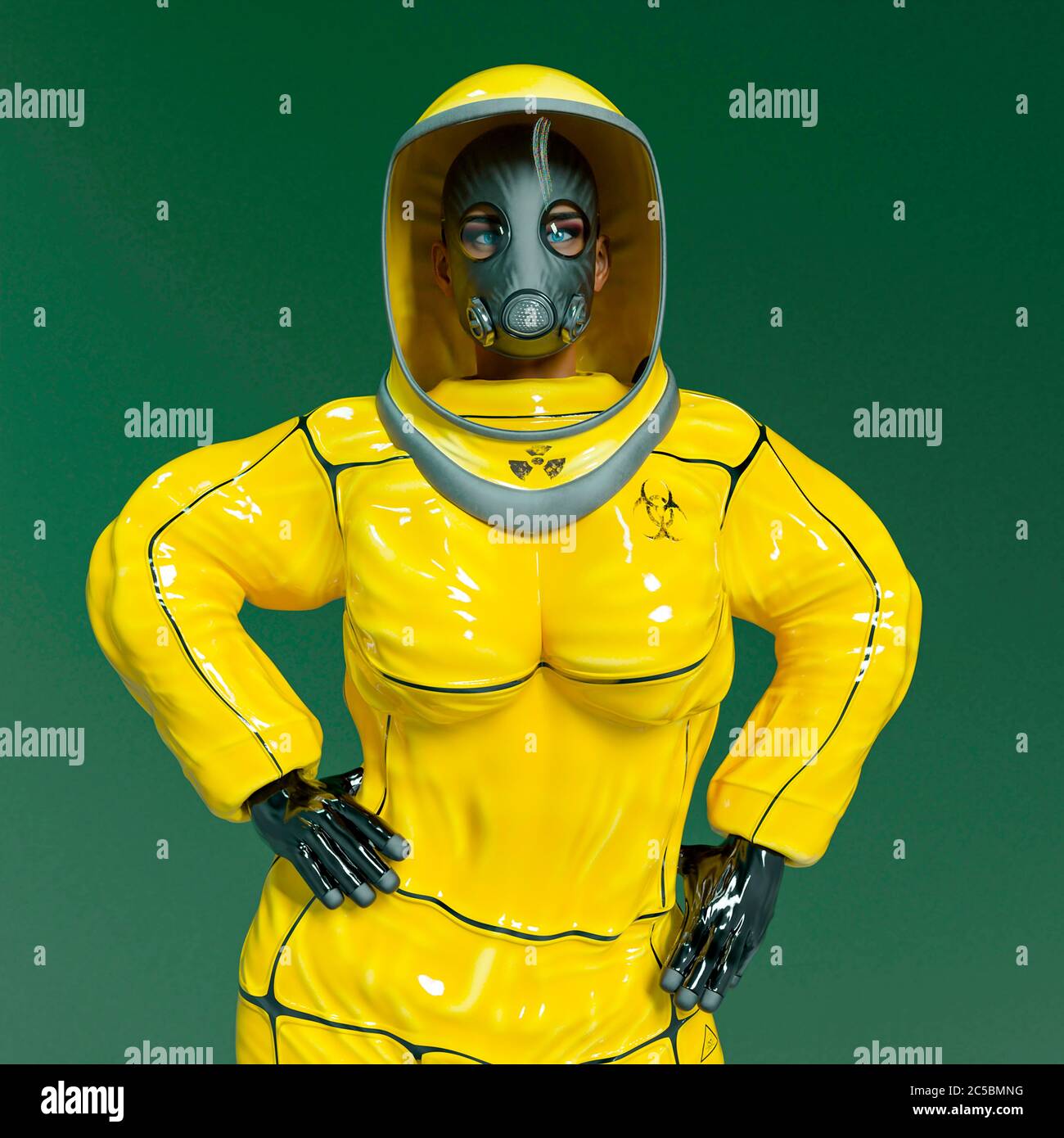 AI Art Generator: Female Anime Girl with Blonde Hair, wearing a hazmat suit  with blue gloves
