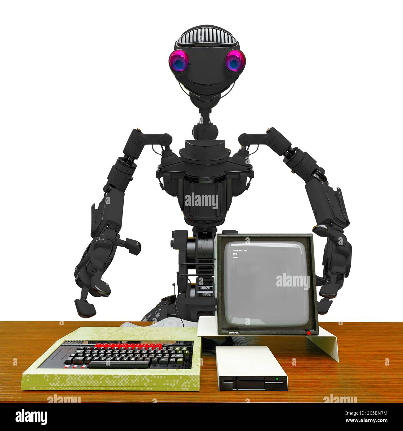 Robot Using Old Computer friendly robot with an old desktop computer in white background close ...