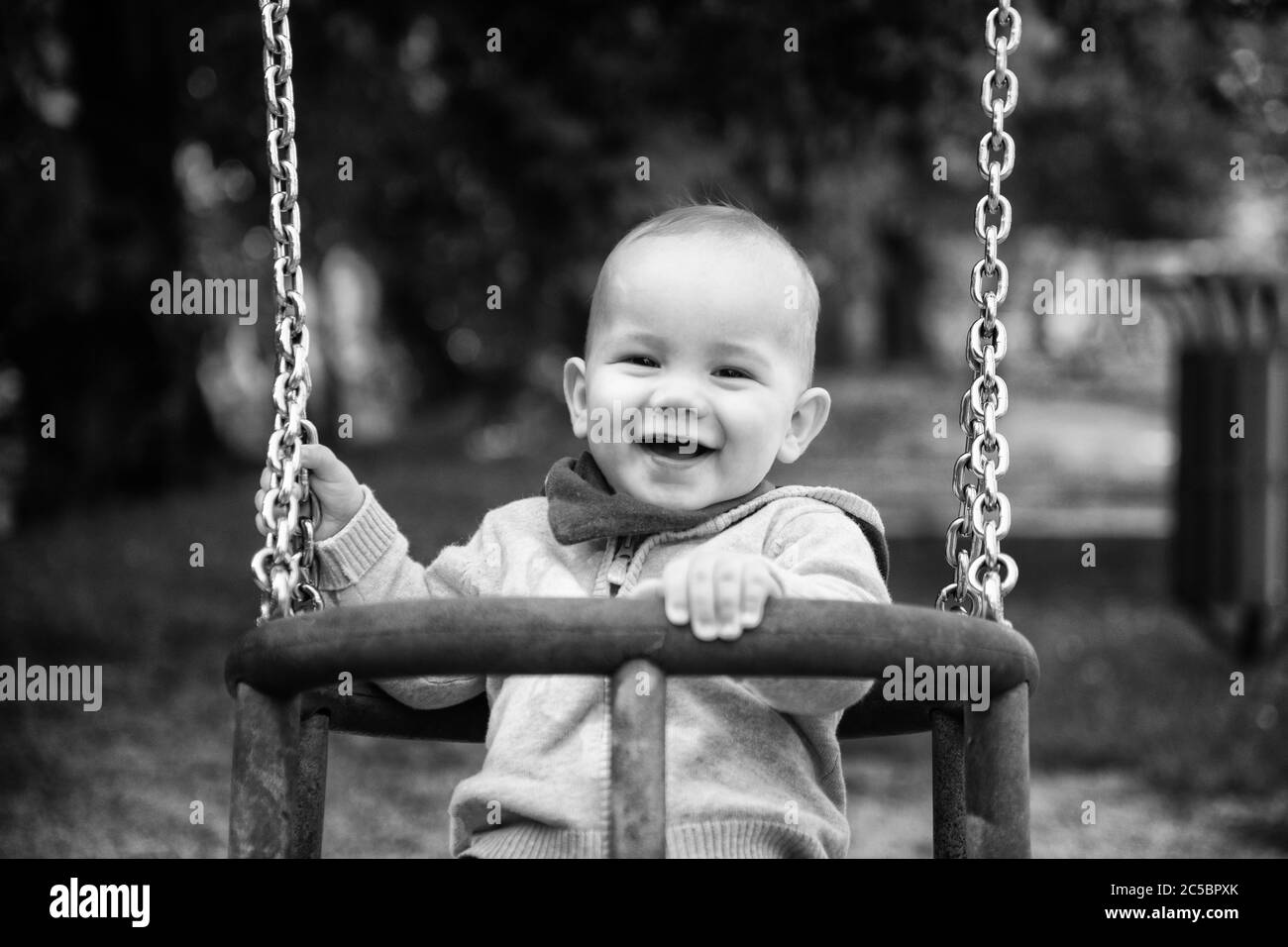 Happy Laughing Toddler Boy Having Fun on a Swing Enjoying a Day on a Playground in a Park Stock Photo