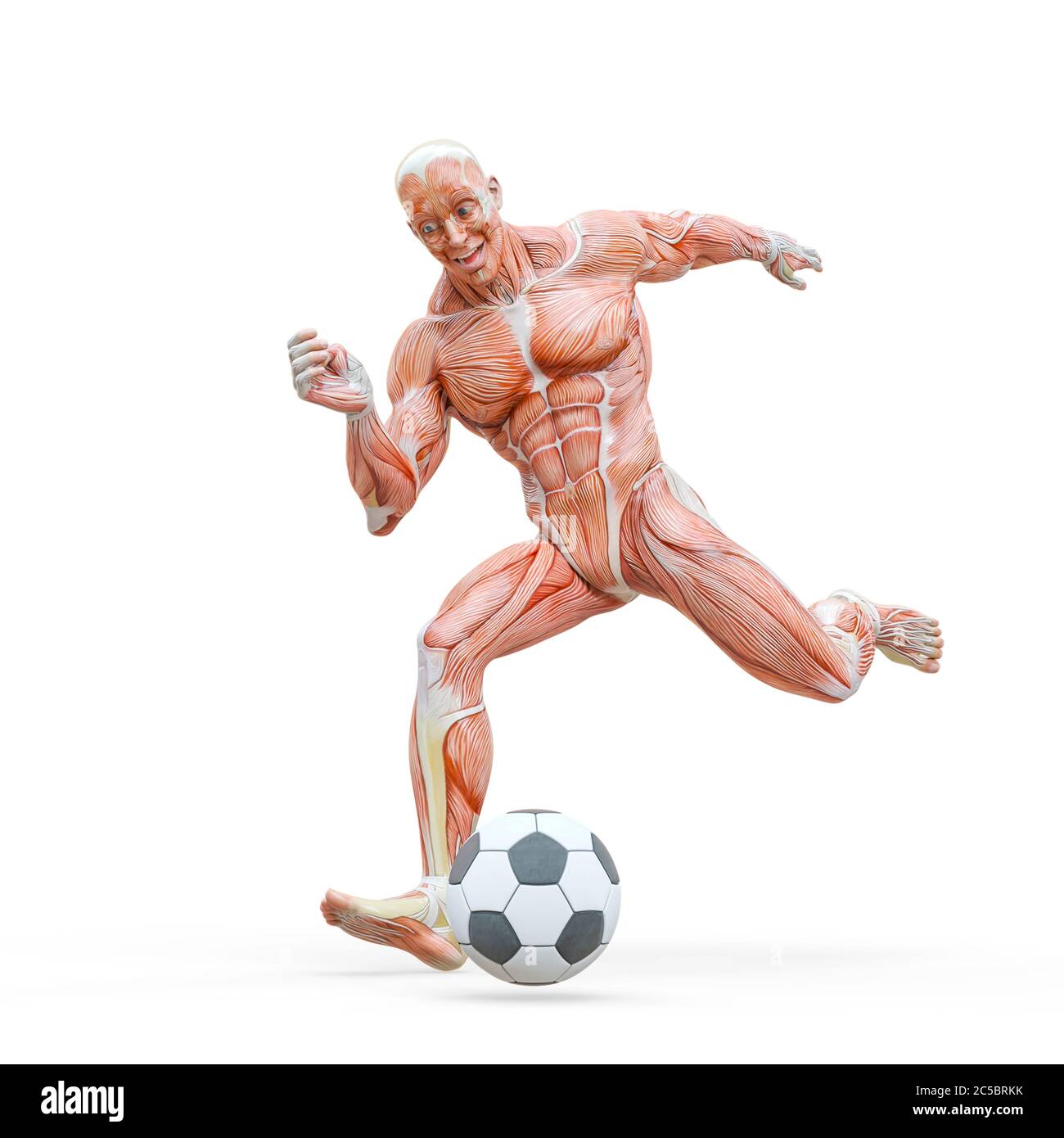 muscleman anatomy heroic body kicking the football ball in white