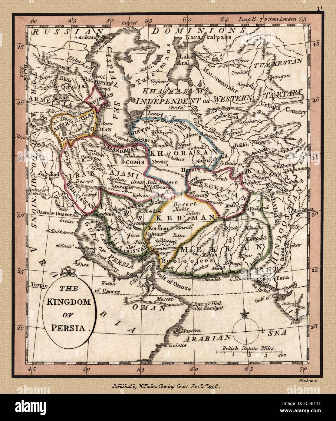 'Kingdom of Persia' Map shows political borders and important landmarks. This is a beautifully detailed historic map reproduction. Original from a British atlas published by famed cartographer William Faden was created circa 1798. Stock Photo