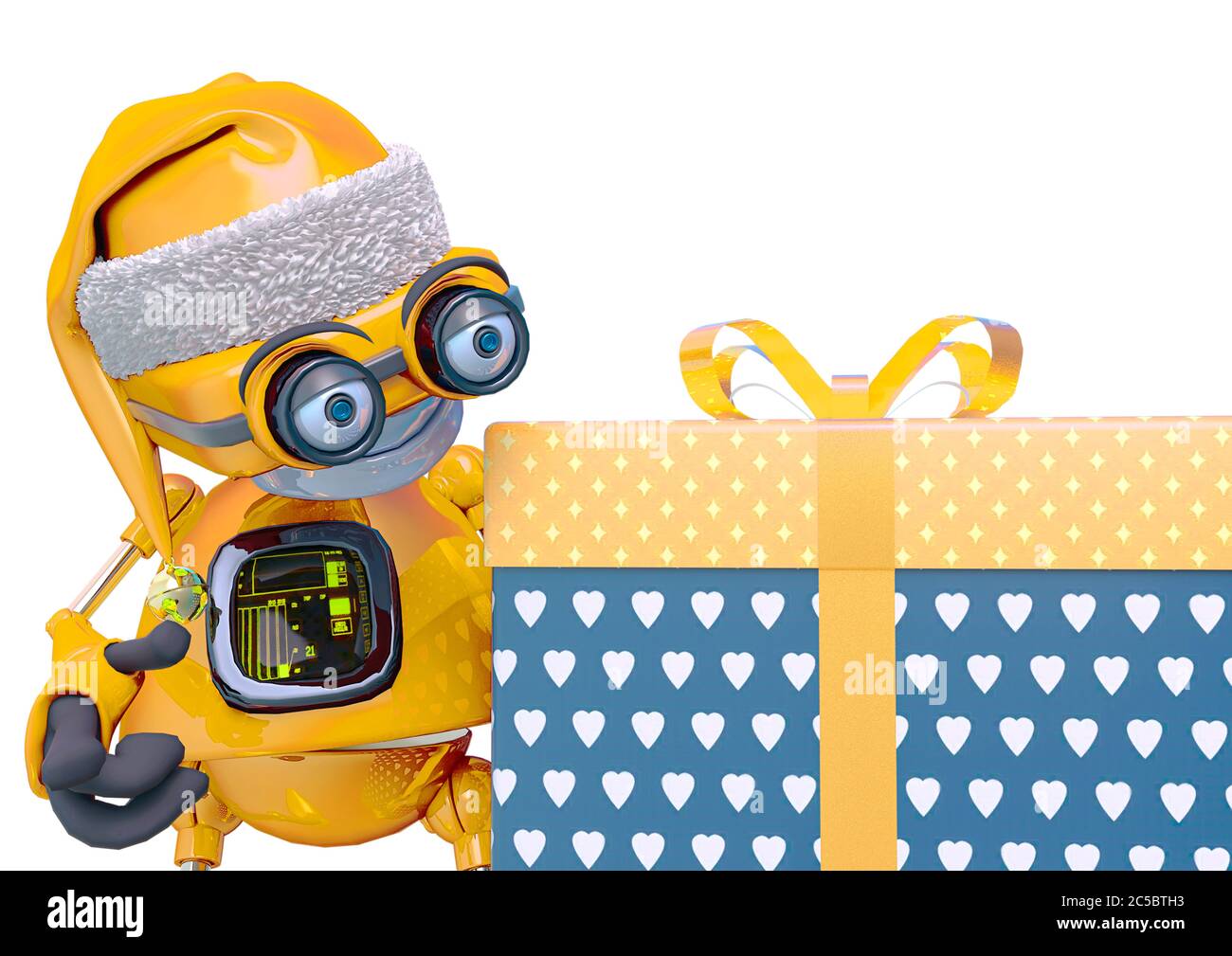 santa bot beside and looking the gift box in white background, 3d ...