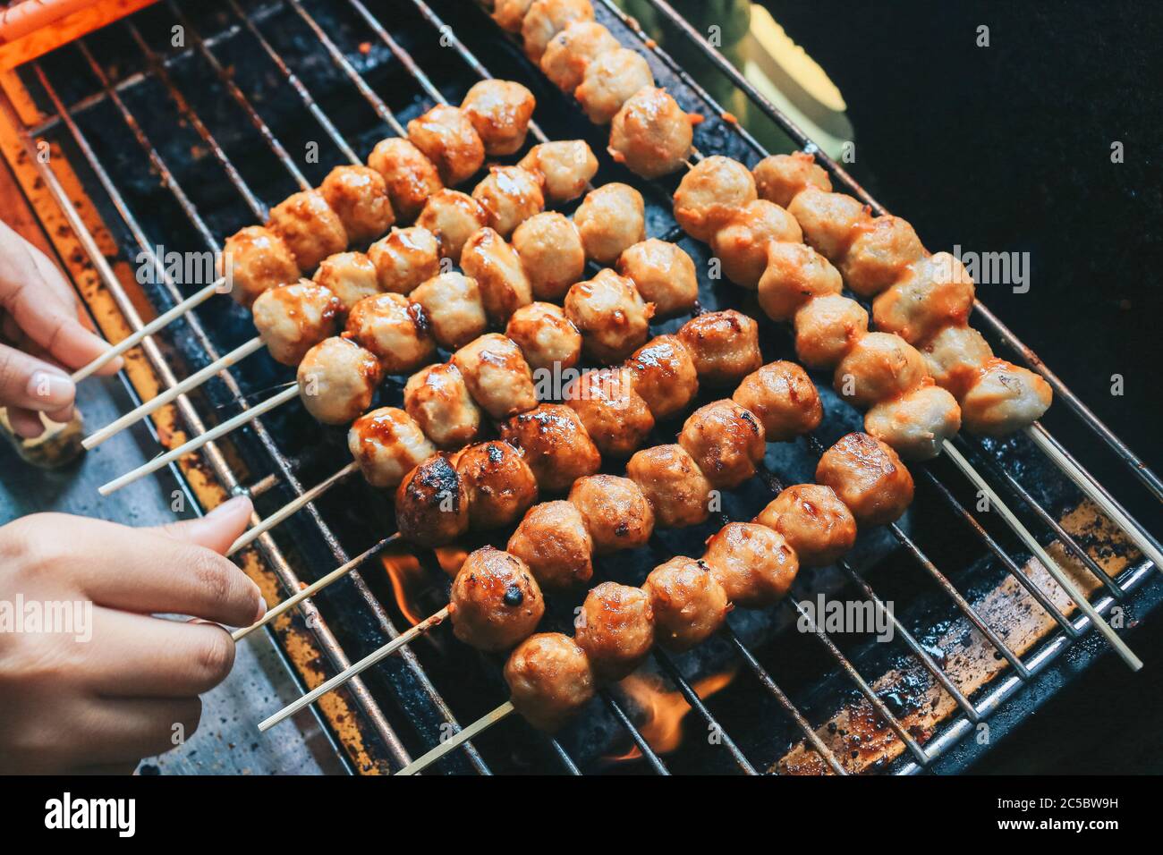 Cooking Barbecue Meatball Satay In Grilling Stove This Is Indonesian