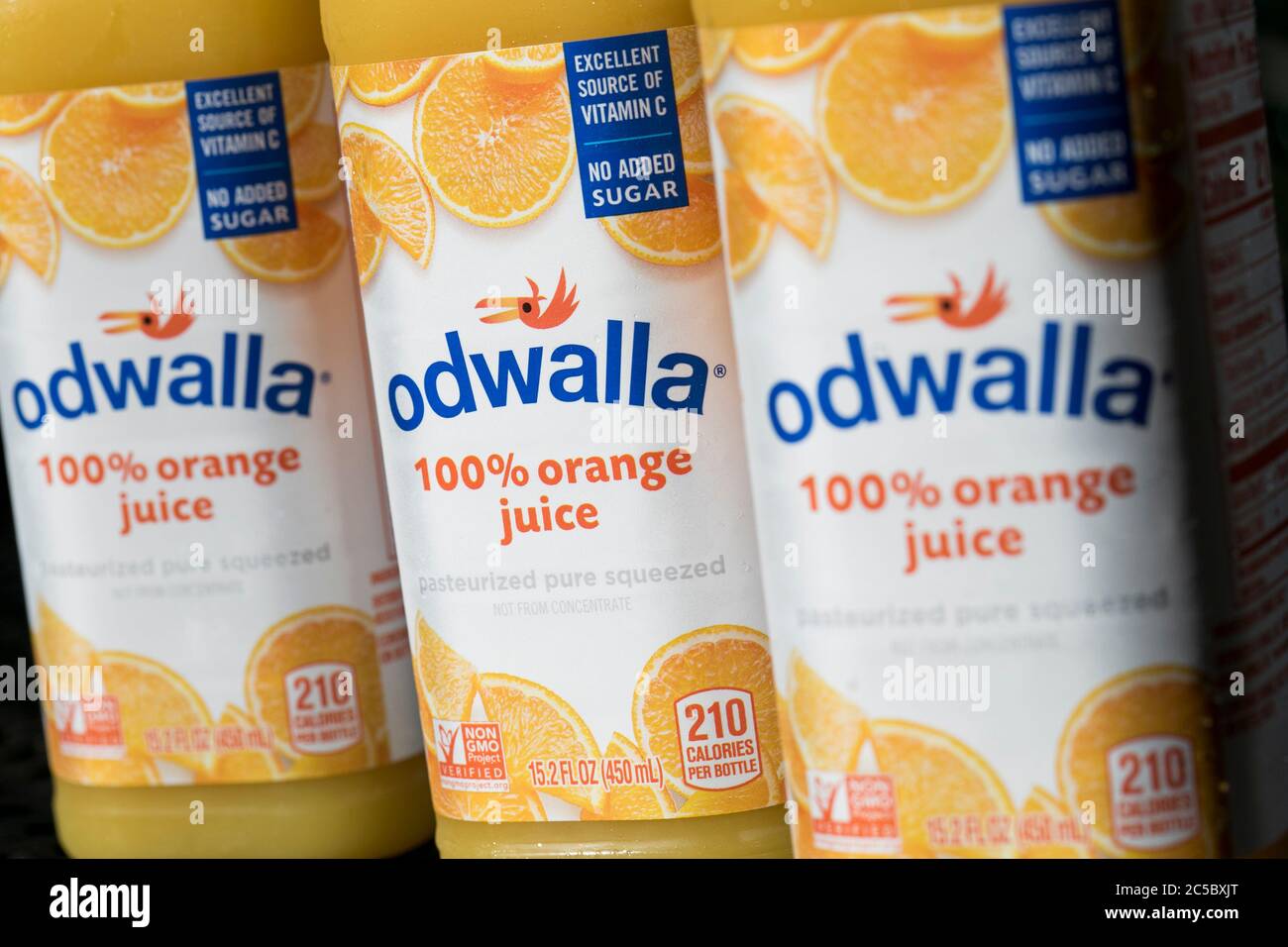 Bottles of Odwalla juice products arranged for a photo. Stock Photo