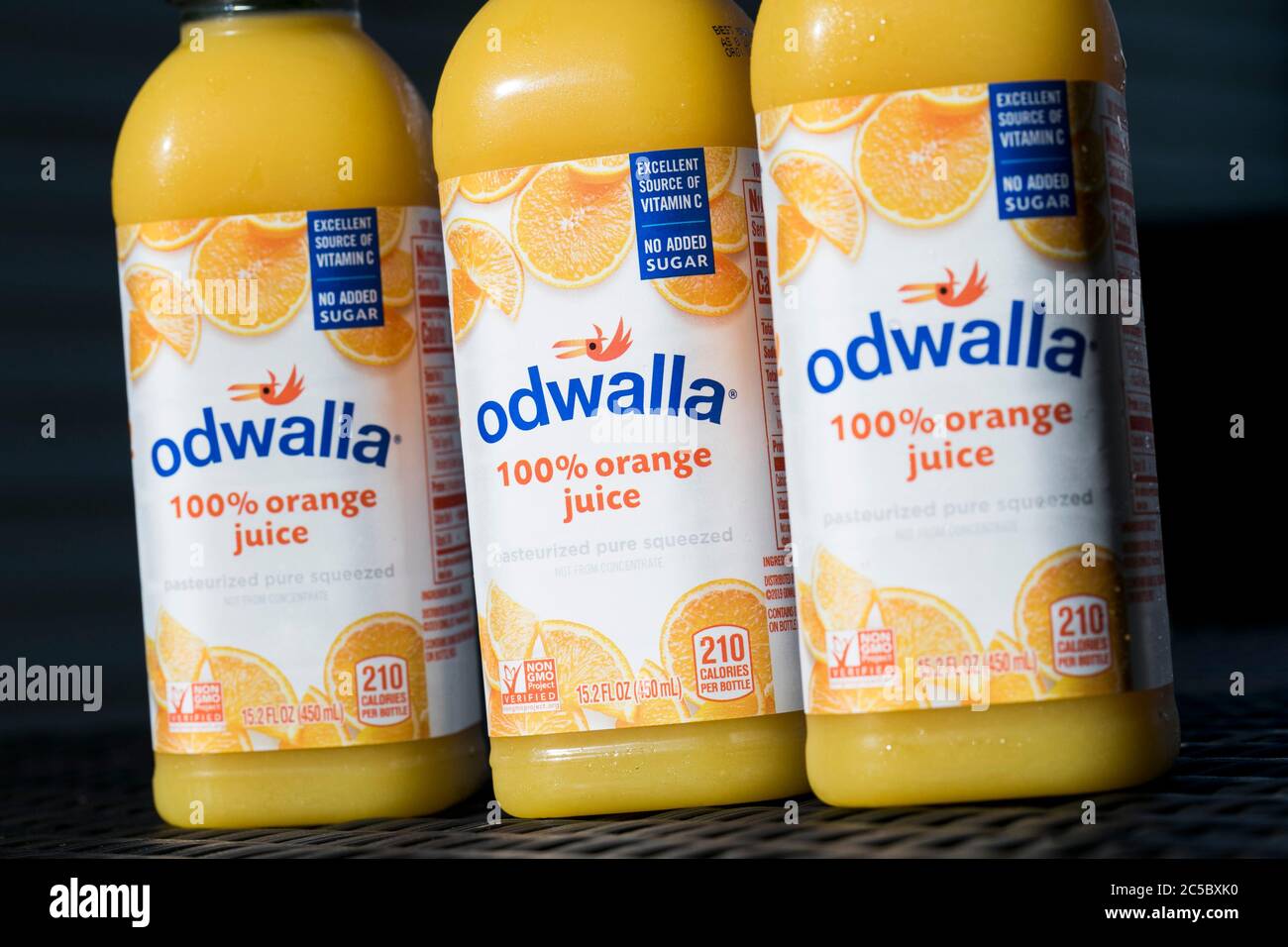 Bottles of Odwalla juice products arranged for a photo. Stock Photo