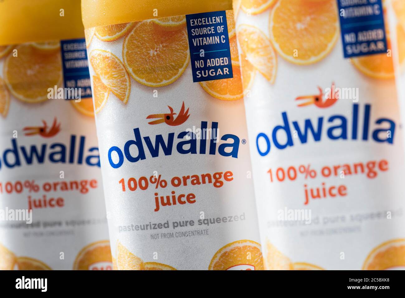 Bottles of Odwalla juice products arranged for a photo. Stock Photo
