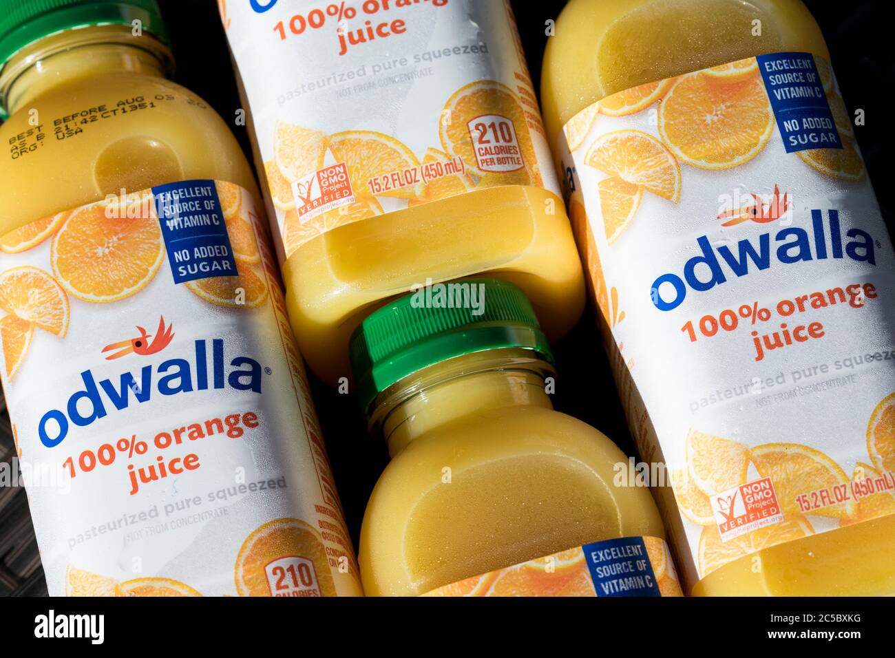 Bottles of Odwalla juice products arranged for a photo. Stock Photo