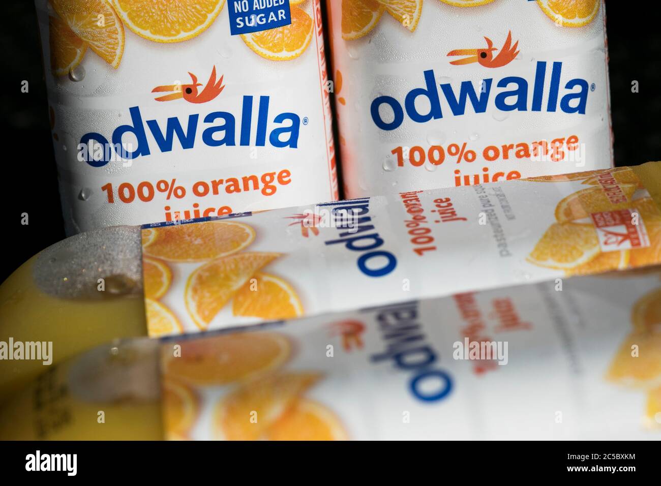 Bottles of Odwalla juice products arranged for a photo. Stock Photo