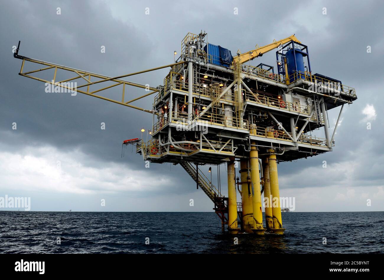 View of oil and gas rigs in the Gulf of Thailand. Numerous wellheads