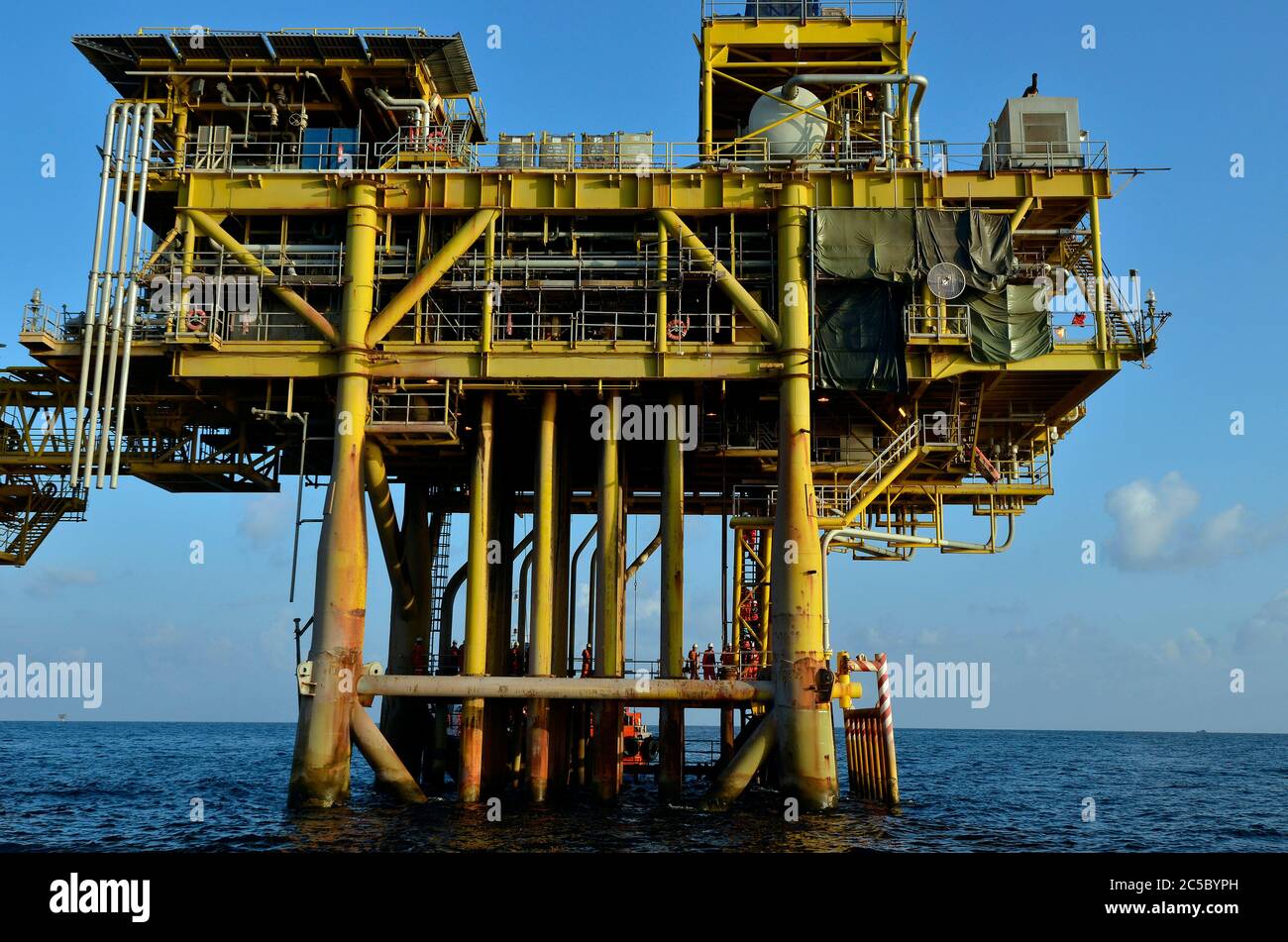 View of oil and gas rigs in the Gulf of Thailand. Numerous wellheads