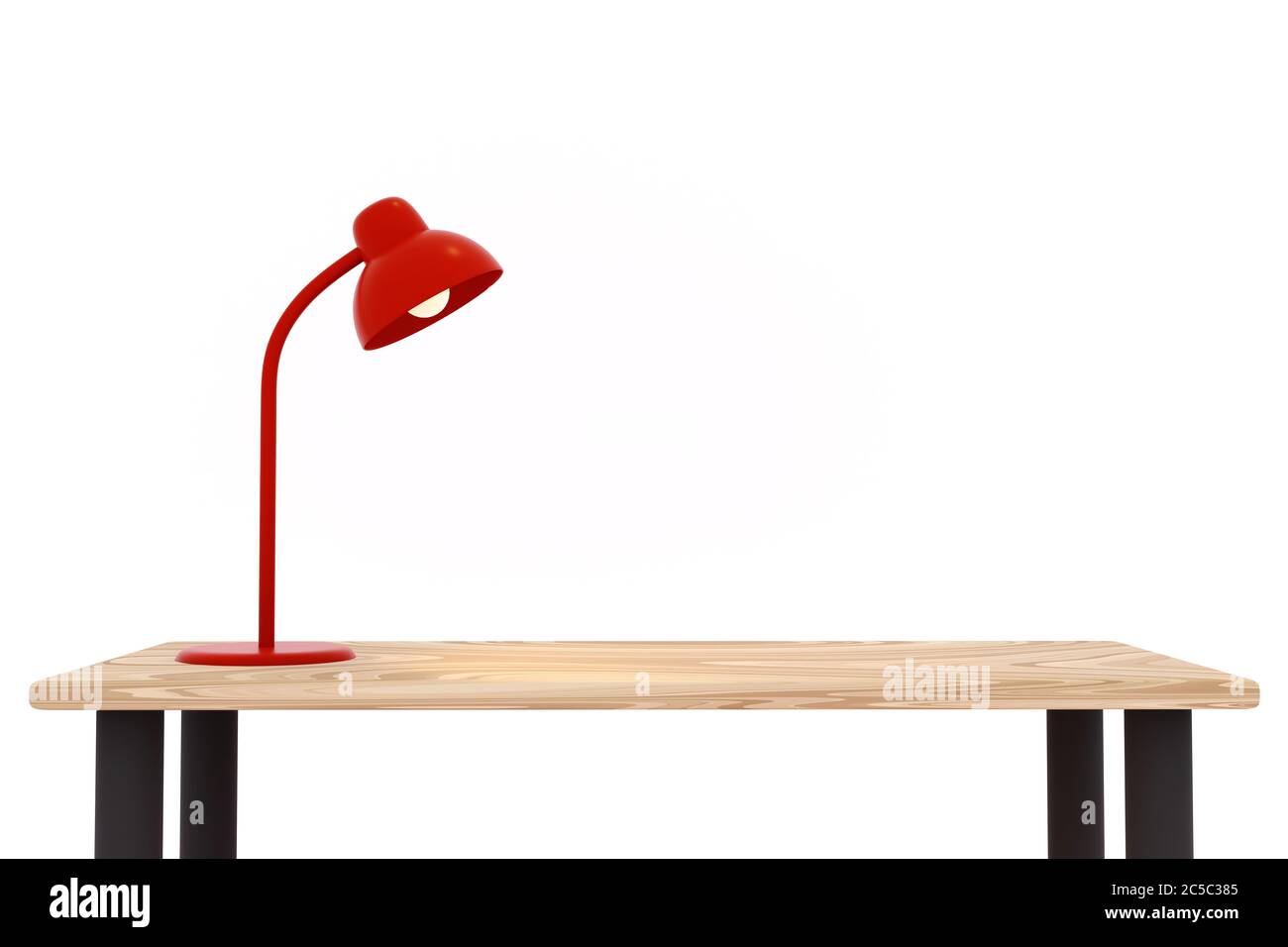 Red lamp on the wooden table in the white room, 3d illustration. Stock Photo