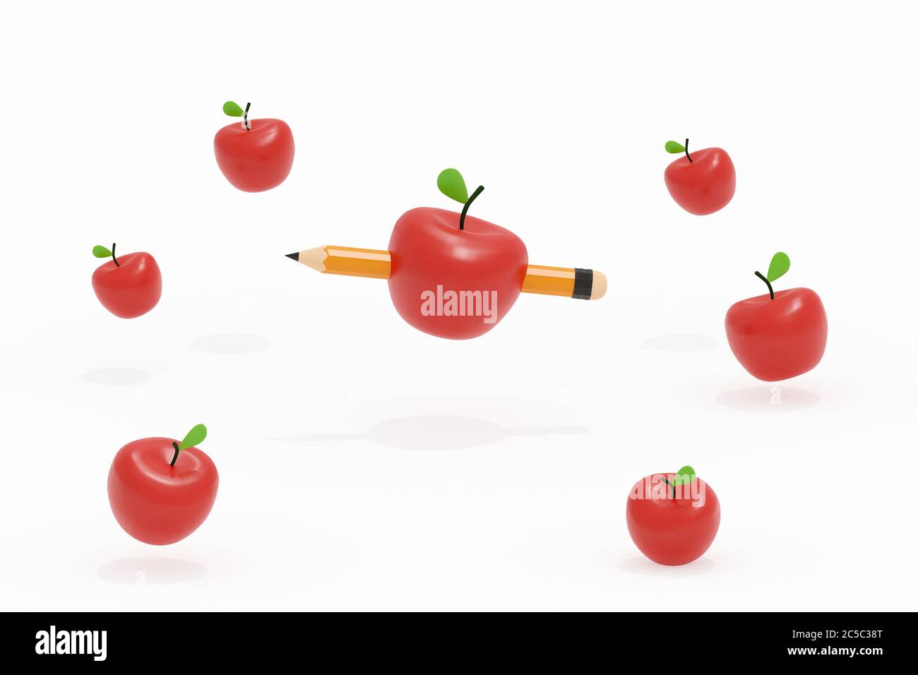 A pencil shoot to a group of apple on white background, 3d illustration education concept. Stock Photo
