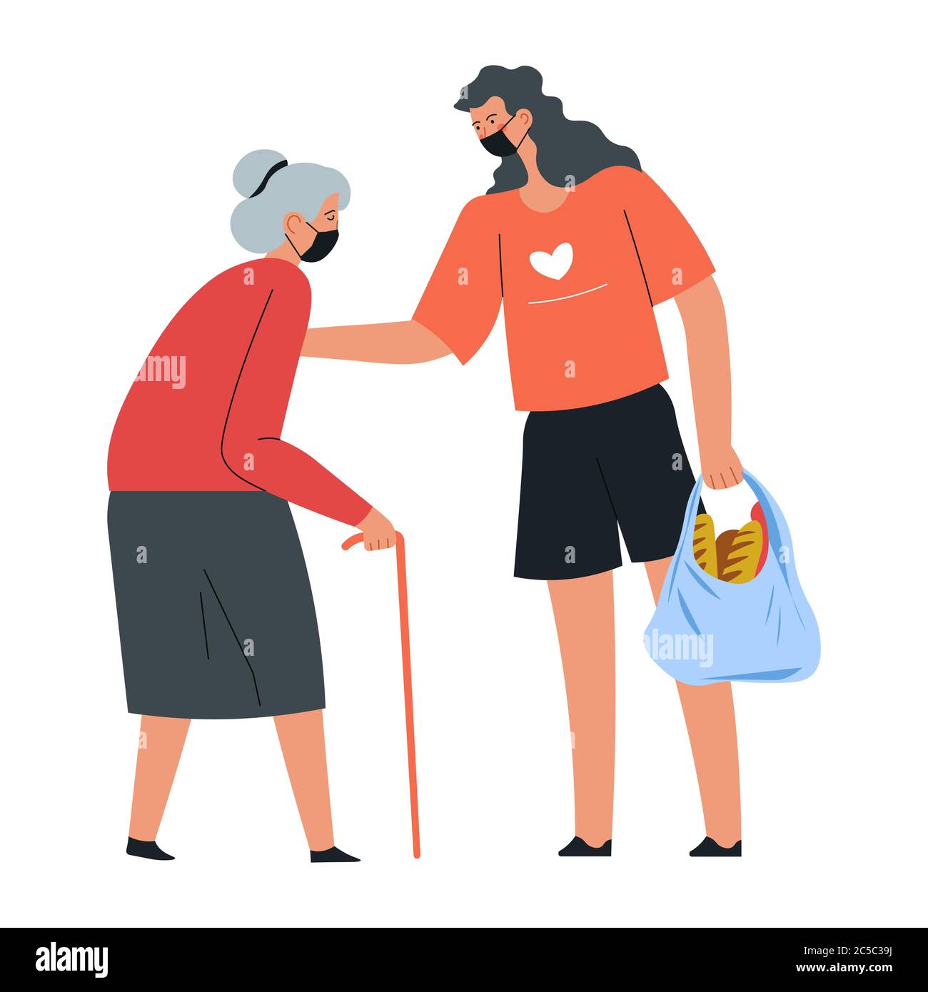 Volunteer helping senior lady to walk and carry products Stock Vector