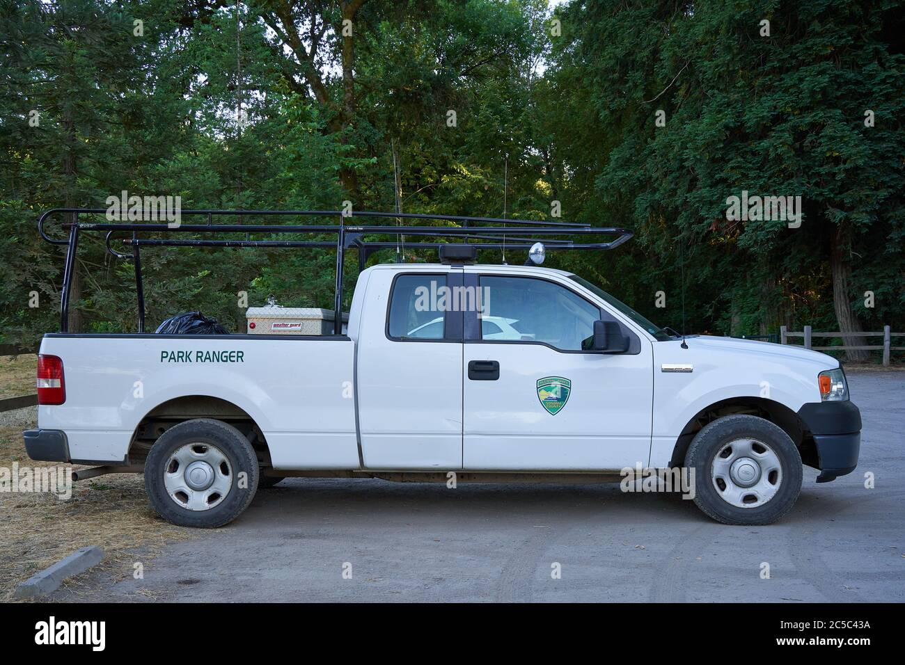 Parker white service truck for the park rangers servicing Sonoma County Regional Parks in Windsor, California. Stock Photo