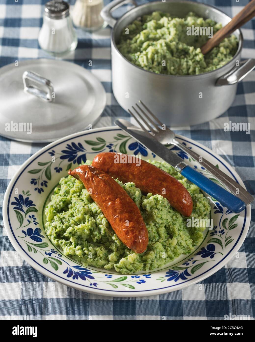 Stamppot. Smoked sausage with kale mashed potato. Netherlands Food Stock Photo