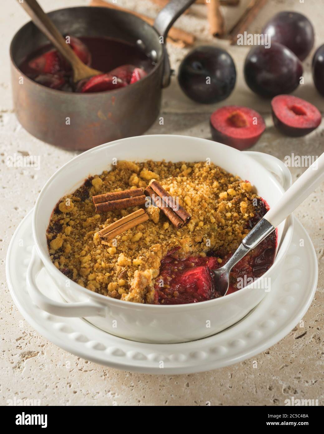 Plum crumble. Traditional British dessert. UK Food Stock Photo Alamy