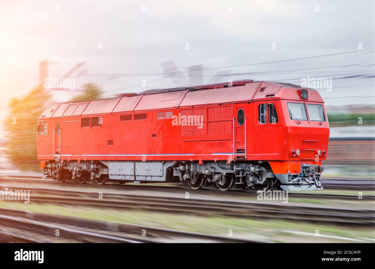 Modern diesel train railway in motion speed, shunting work