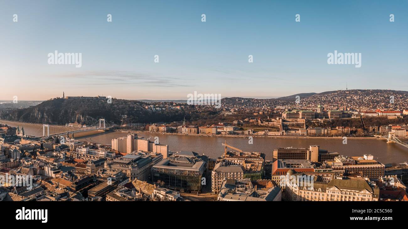 Panorama aerial drone shot of Danube river Buda Castle Hill side in ...