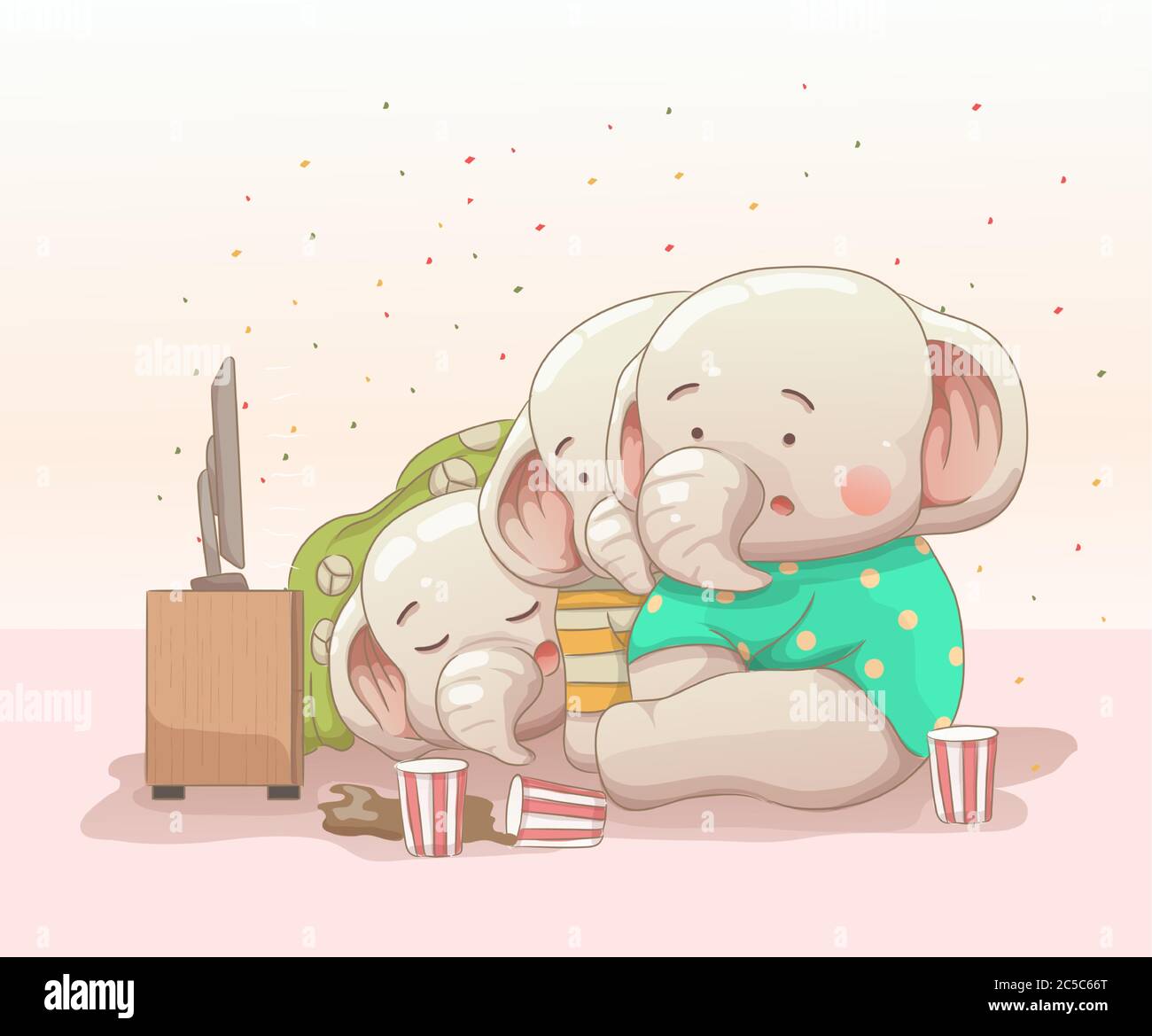 three baby elephants watching movie. vector hand drawn cartoon art style Stock Vector