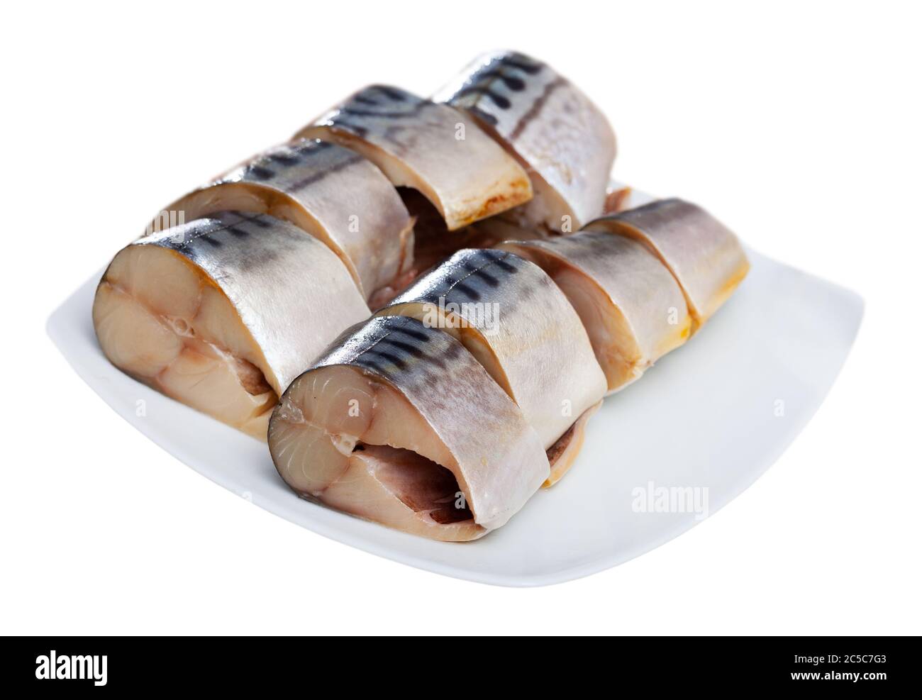 Sliced marinated mackerel fillet, healthy seafood. Isolated over white