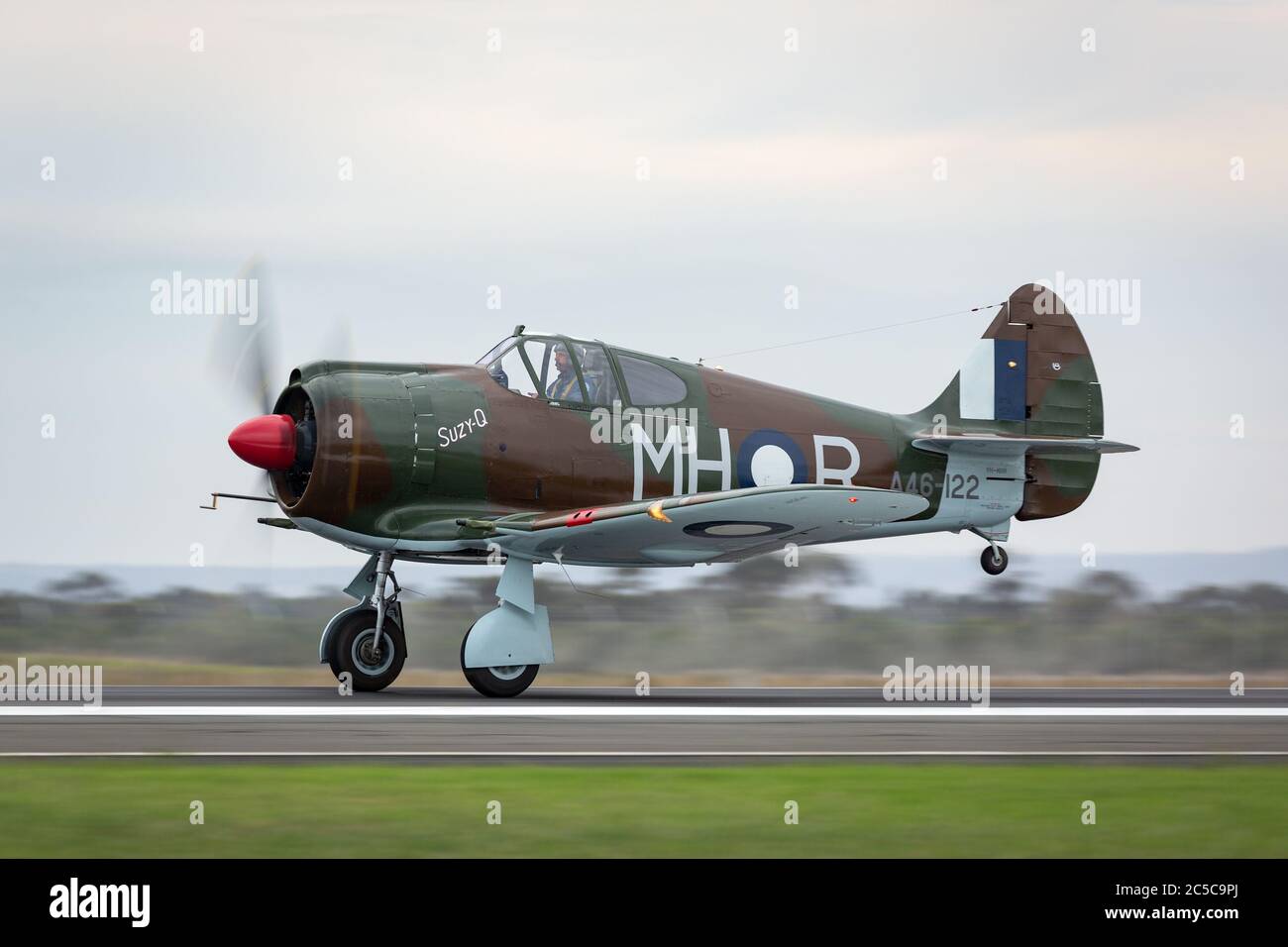 Former Royal Australian Air Force (RAAF) Commonwealth Aircraft Corporation CA-13 Boomerang world war II fighter aircraft VH-MHR taking off from Avalon Stock Photo