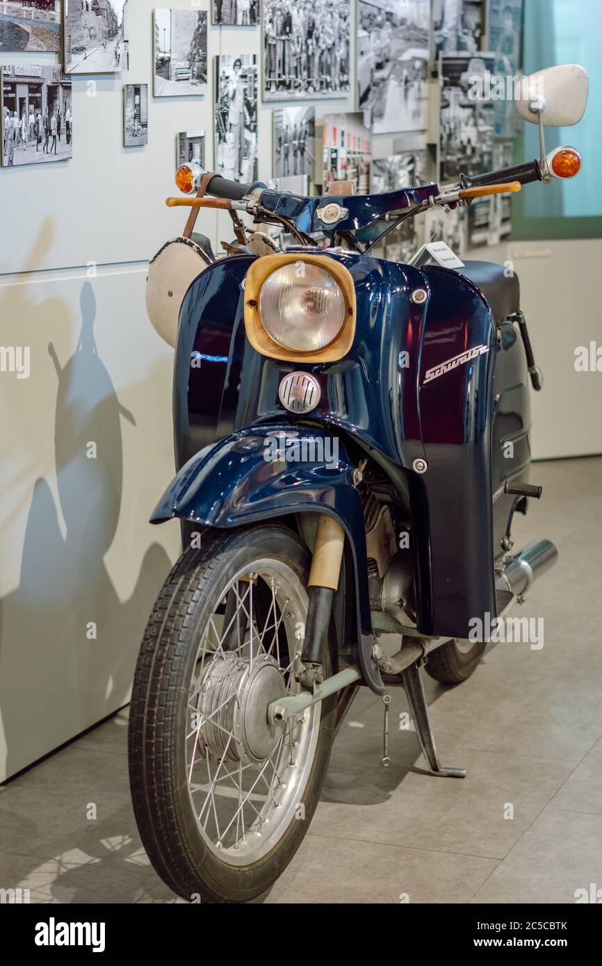 Old classic East German (DDR ) motorcycle Simson Schwalbe. An exhibit in the Kulturbrauerei museum. Museum of Ideology and reality in the former GDR. Stock Photo