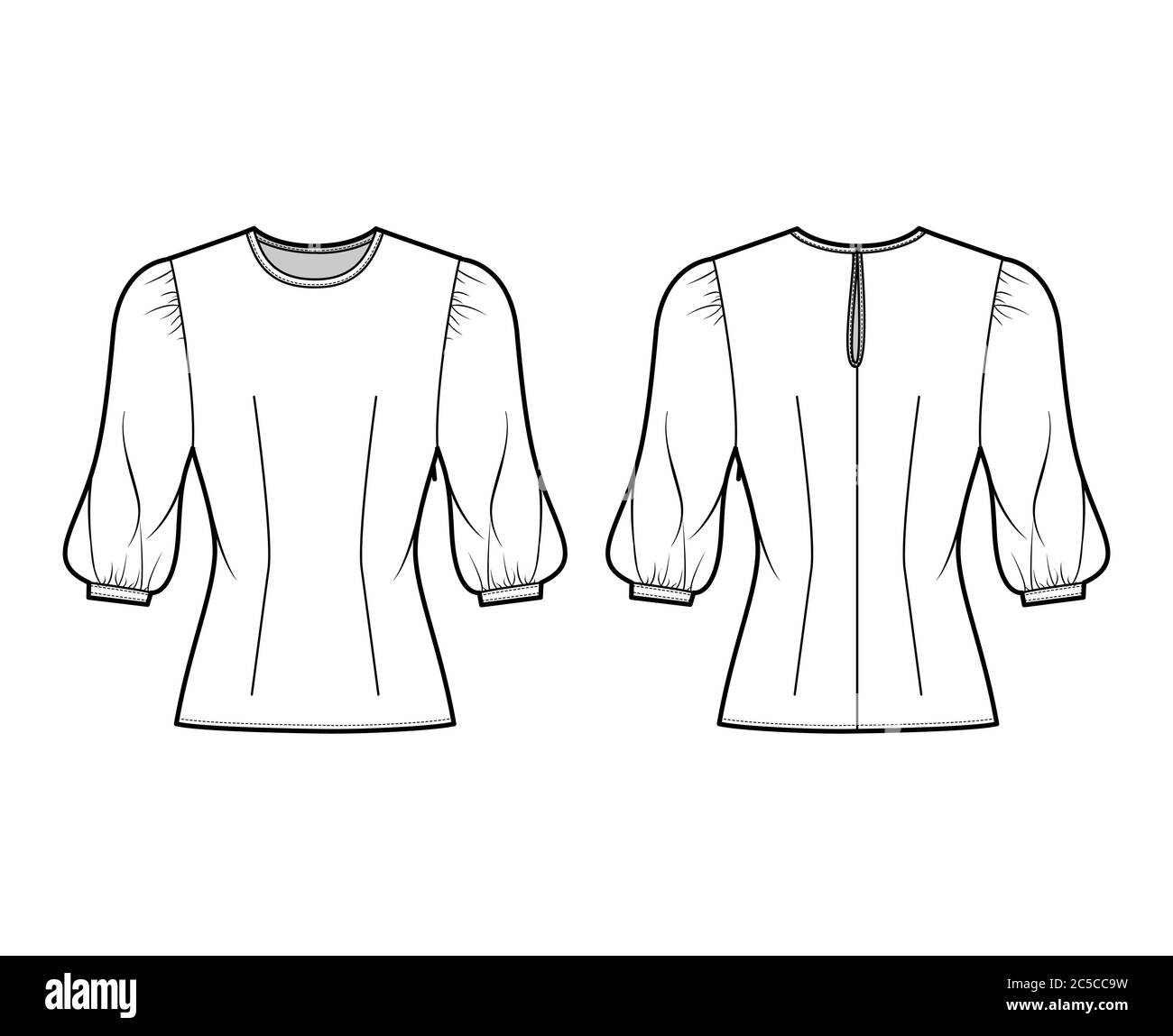 Blouse technical fashion illustration with round neckline, puffy mutton sleeves, fitted body. Flat apparel template front, back white color. Women, men unisex CAD garment designer mockup Stock Vector