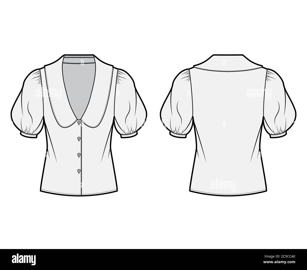 Blouse technical fashion illustration with collar framing V neck, oversized medium puffed sleeves and body. Flat apparel template front, back, grey color. Women, men unisex garment CAD mockup Stock Vector