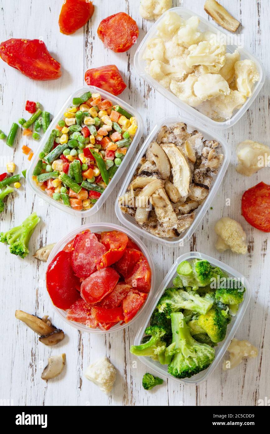 Frozen vegetables. Stocks of food for the winter. Container with frozen
