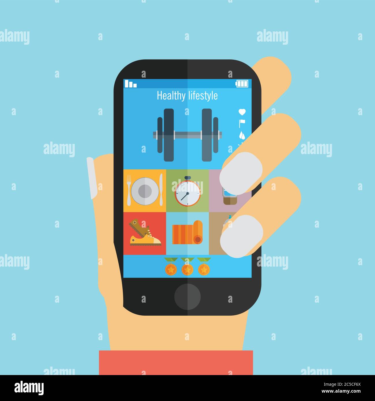 Hand holding a phone with weight lifting application scheduler vector ...