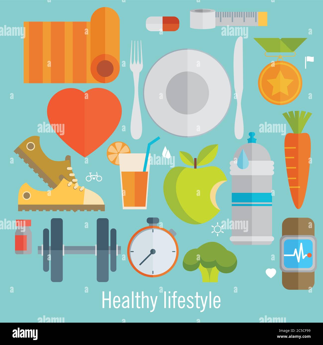 Flat vector illustration of icons for fitness and diet Stock Vector ...