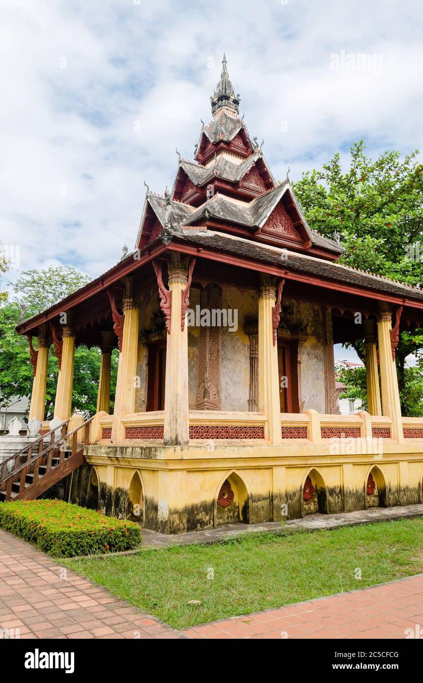 Antique Pavilion of Wat Sisaket Monastery is a Religious Attractive Landmark of Vientiane City of Laos. Stock Photo