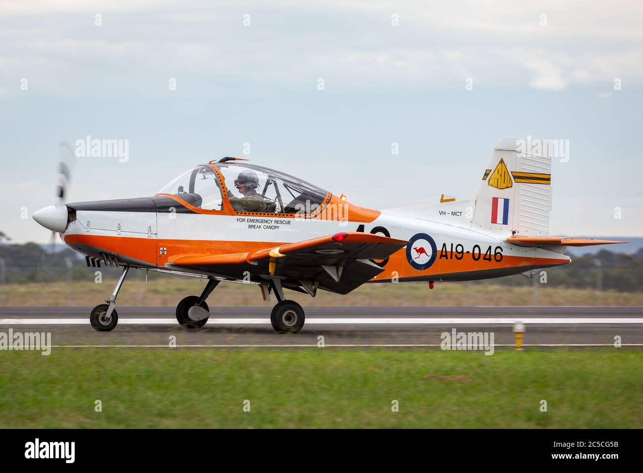Former Royal Australian Air Force (RAAF) New Zealand Aerospace CT-4A Airtrainer aircraft VH-MCT taxiing at Avalon Airport. Stock Photo