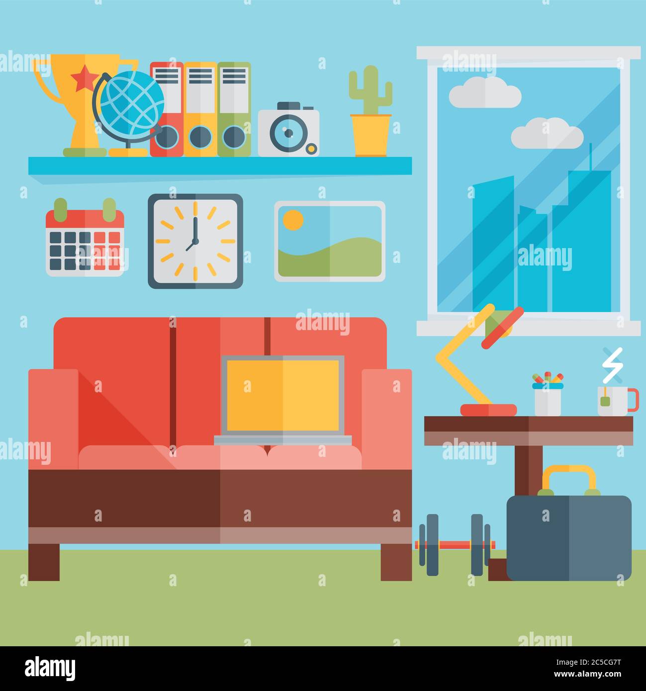 Flat design vector illustration of modern home office interior with sofa and laptop Stock Vector